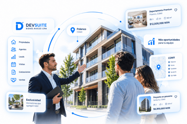 Agente inmobiliario mostrando un edificio